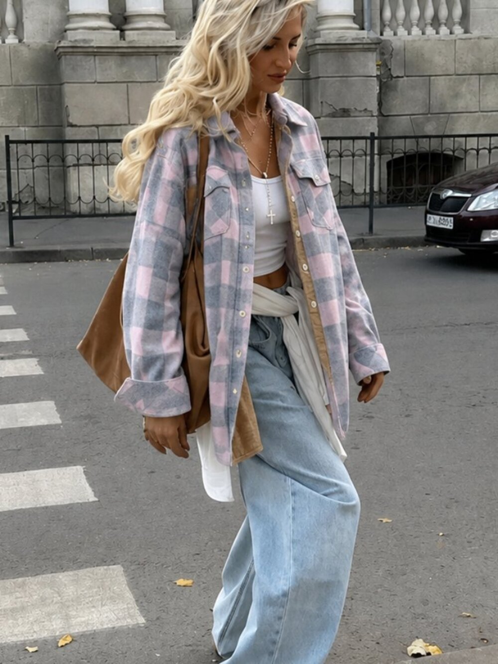 Roots Park Plaid Pastel Pink Grey Shacket Flannel Button Down Long Sleeve Thick